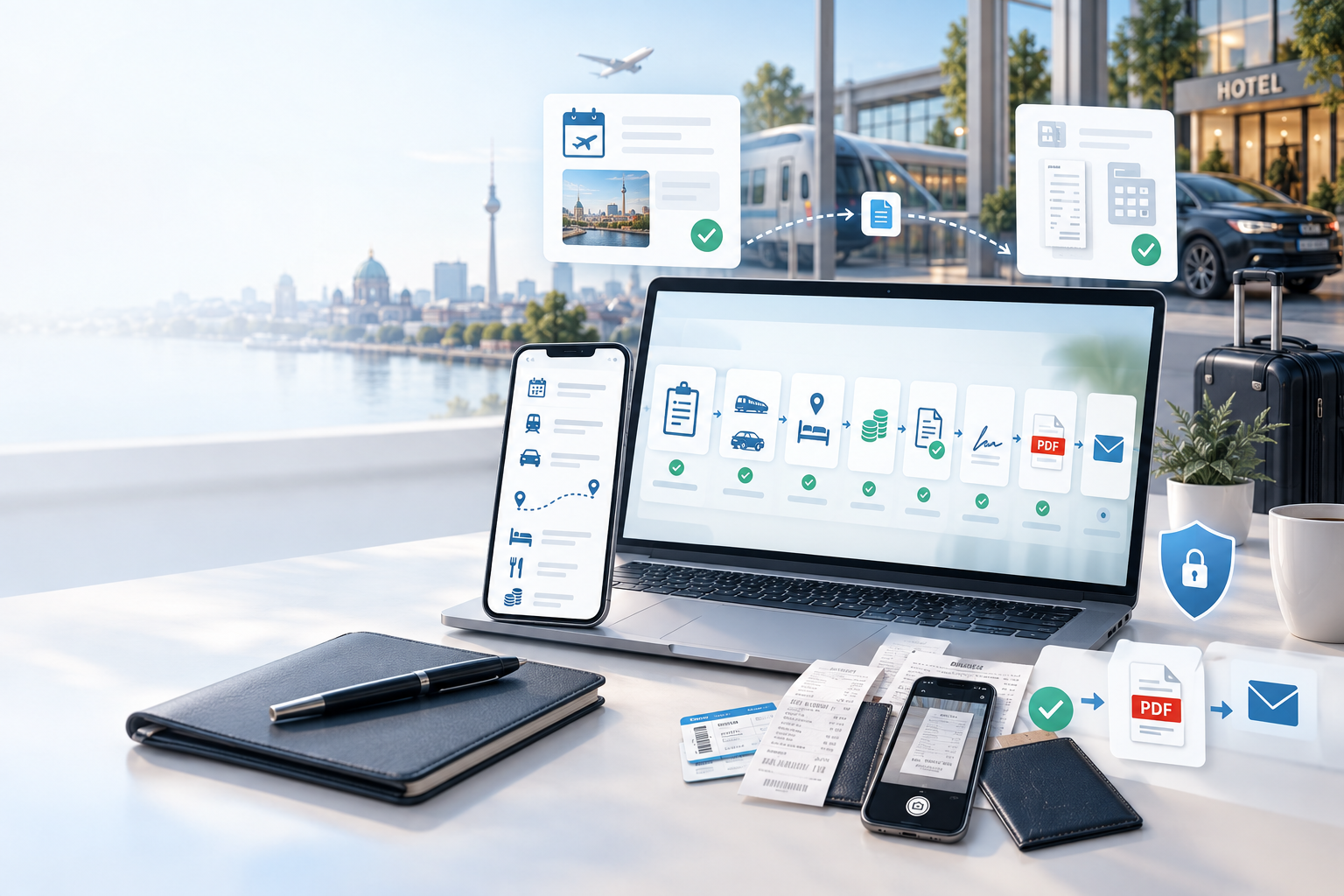 Digitale Reisekostenabrechnung auf Laptop und Smartphone vor einer Reiseszene